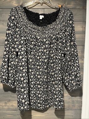 J. Jill Black Floral Print smocked neck blouse 2X
